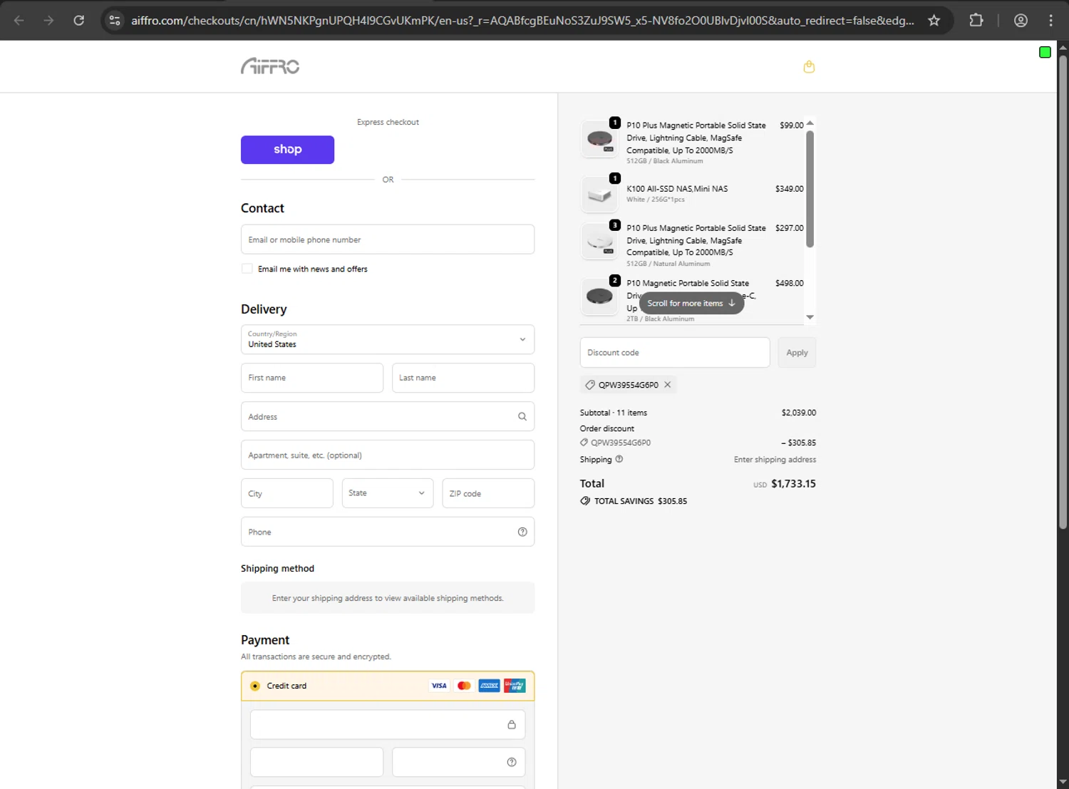 Aiffro promo code screenshot showing code QPW39554G6P0 applied at Aiffro checkout page. Uploaded by SimplyCodes community member artritis on Nov 16, 2025