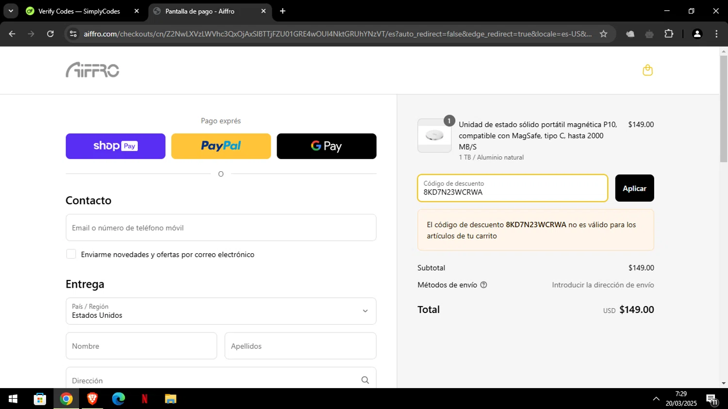 Aiffro promo code screenshot showing code 8KD7N23WCRWA applied at Aiffro checkout page. Uploaded by SimplyCodes community member Luckystrike on Mar 20, 2025
