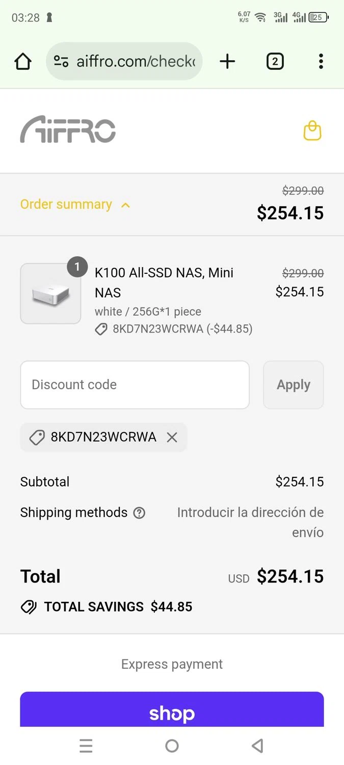 Aiffro promo code screenshot showing code 8KD7N23WCRWA applied at Aiffro checkout page. Uploaded by SimplyCodes community member rafaelmarquez on Sep 6, 2025