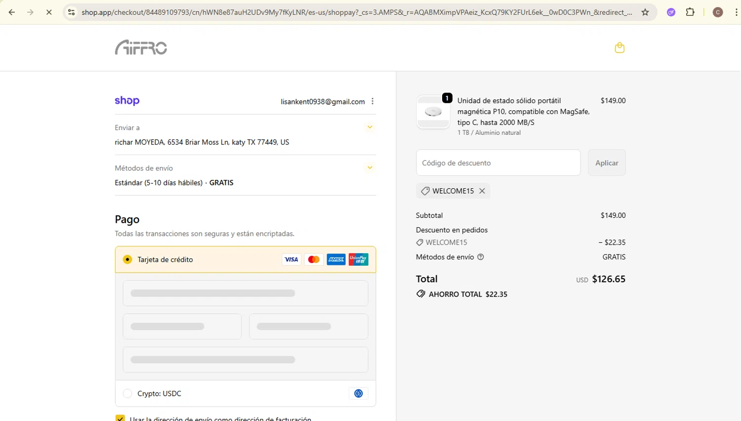 Aiffro promo code screenshot showing code WELCOME15 applied at Aiffro checkout page. Uploaded by SimplyCodes community member carlosra07 on Feb 11, 2026