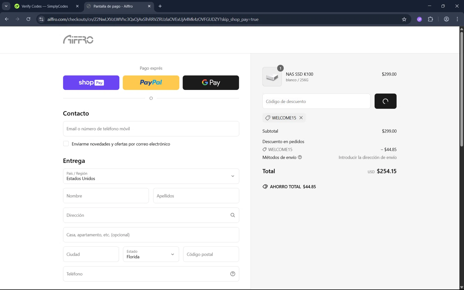 Aiffro promo code screenshot showing code WELCOME15 applied at Aiffro checkout page. Uploaded by SimplyCodes community member juan1702 on Jun 14, 2025