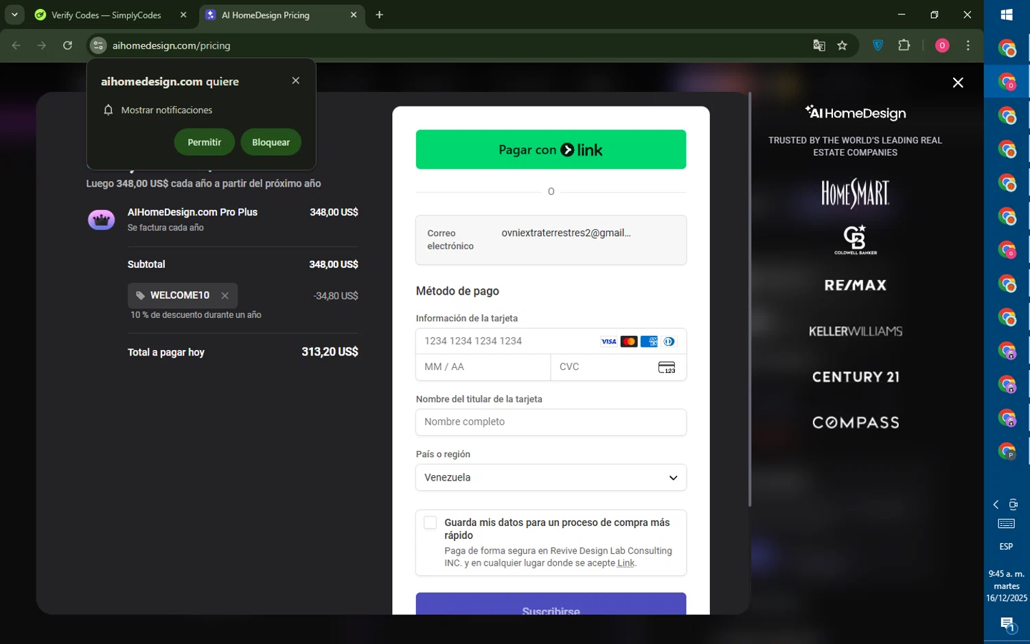 AI HomeDesign promo code screenshot showing code WELCOME10 applied at AI HomeDesign checkout page. Uploaded by SimplyCodes community member LegendaryRanger6350 on Dec 16, 2025