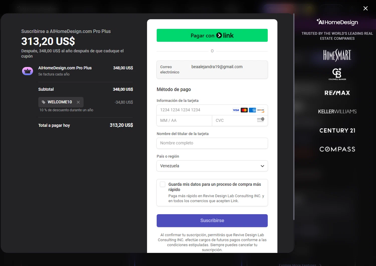 AI HomeDesign promo code screenshot showing code WELCOME10 applied at AI HomeDesign checkout page. Uploaded by SimplyCodes community member Sadalsuud on Jun 25, 2025