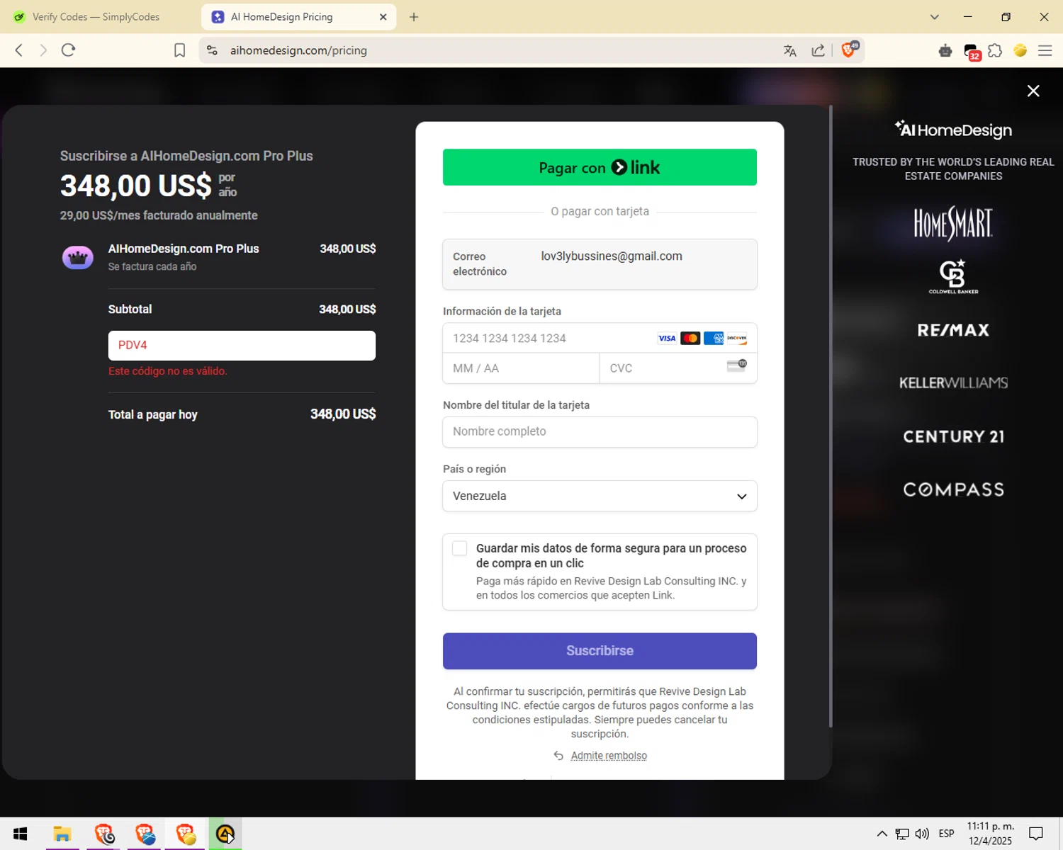 AI HomeDesign promo code screenshot showing code pdv4 applied at AI HomeDesign checkout page. Uploaded by SimplyCodes community member EnmaFoker on Apr 13, 2025