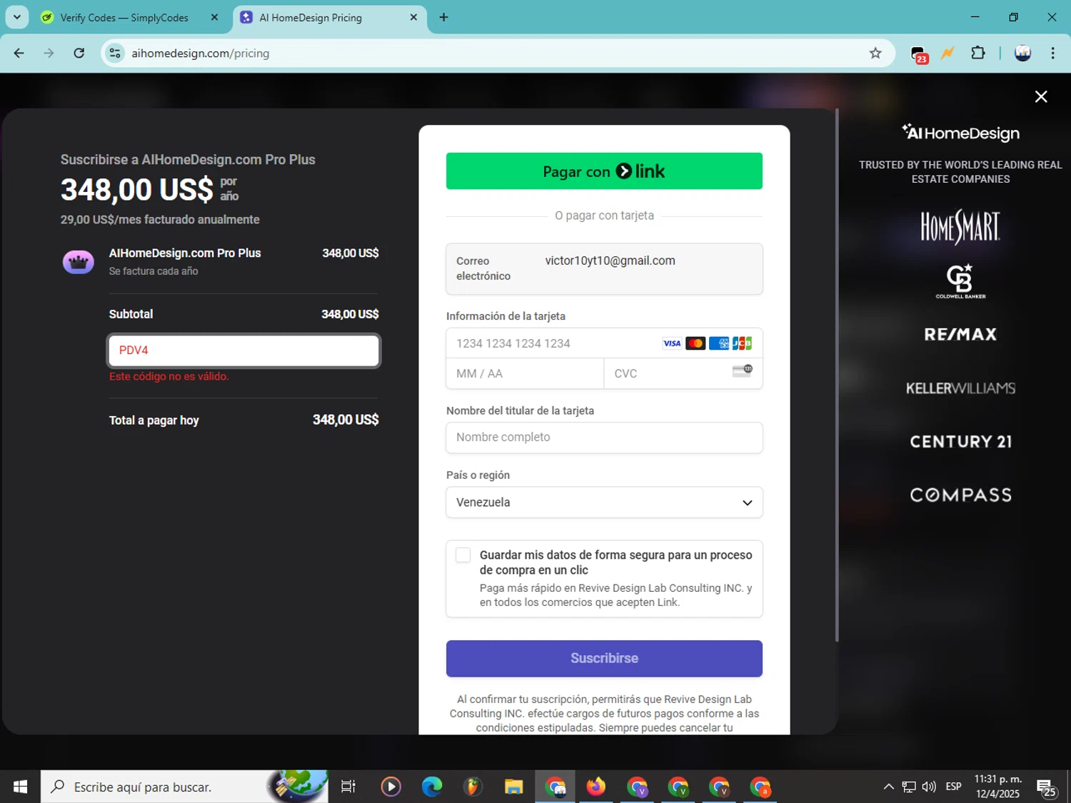 AI HomeDesign promo code screenshot showing code pdv4 applied at AI HomeDesign checkout page. Uploaded by SimplyCodes community member Soyvictor on Apr 13, 2025