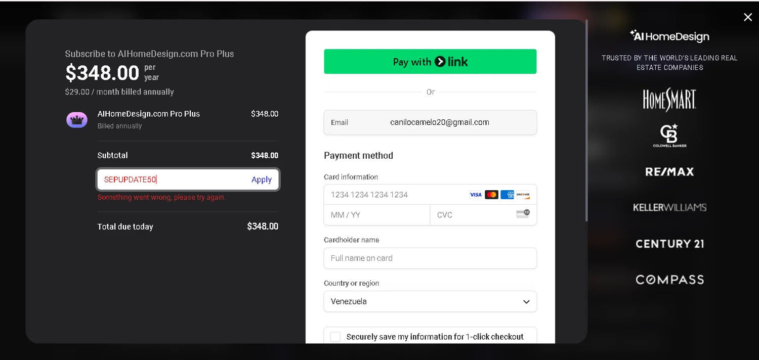 AI HomeDesign promo code screenshot showing code SEPUPDATE50 applied at AI HomeDesign checkout page. Uploaded by SimplyCodes community member MagnificentCurator5441 on May 28, 2025