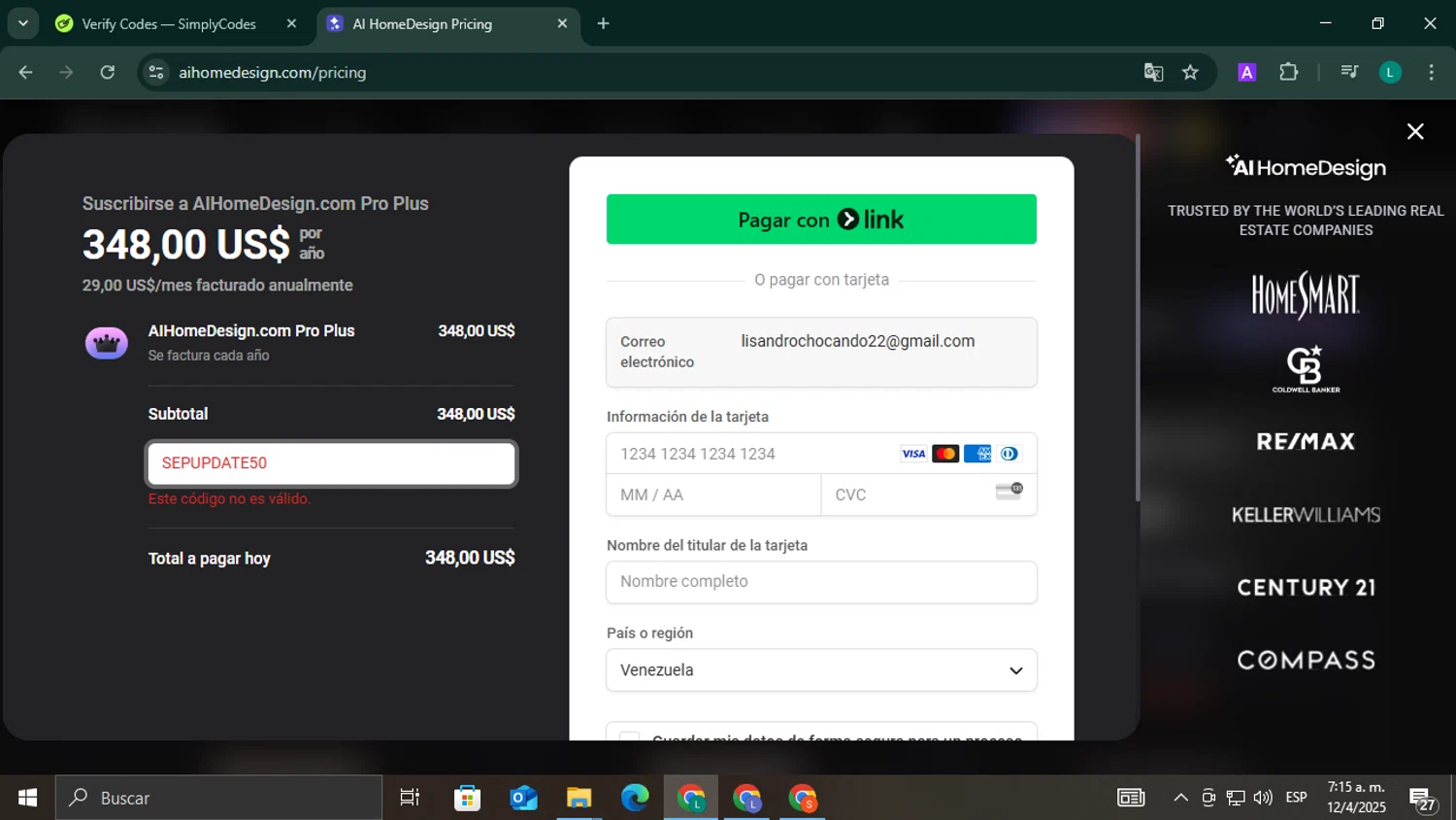 AI HomeDesign promo code screenshot showing code SEPUPDATE50 applied at AI HomeDesign checkout page. Uploaded by SimplyCodes community member ValueExpert7524 on Apr 12, 2025