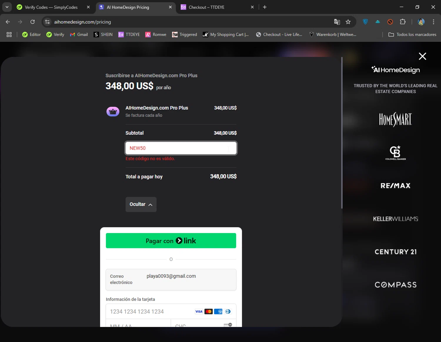 AI HomeDesign promo code screenshot showing code NEW50 applied at AI HomeDesign checkout page. Uploaded by SimplyCodes community member CoolMcCool on Apr 29, 2025
