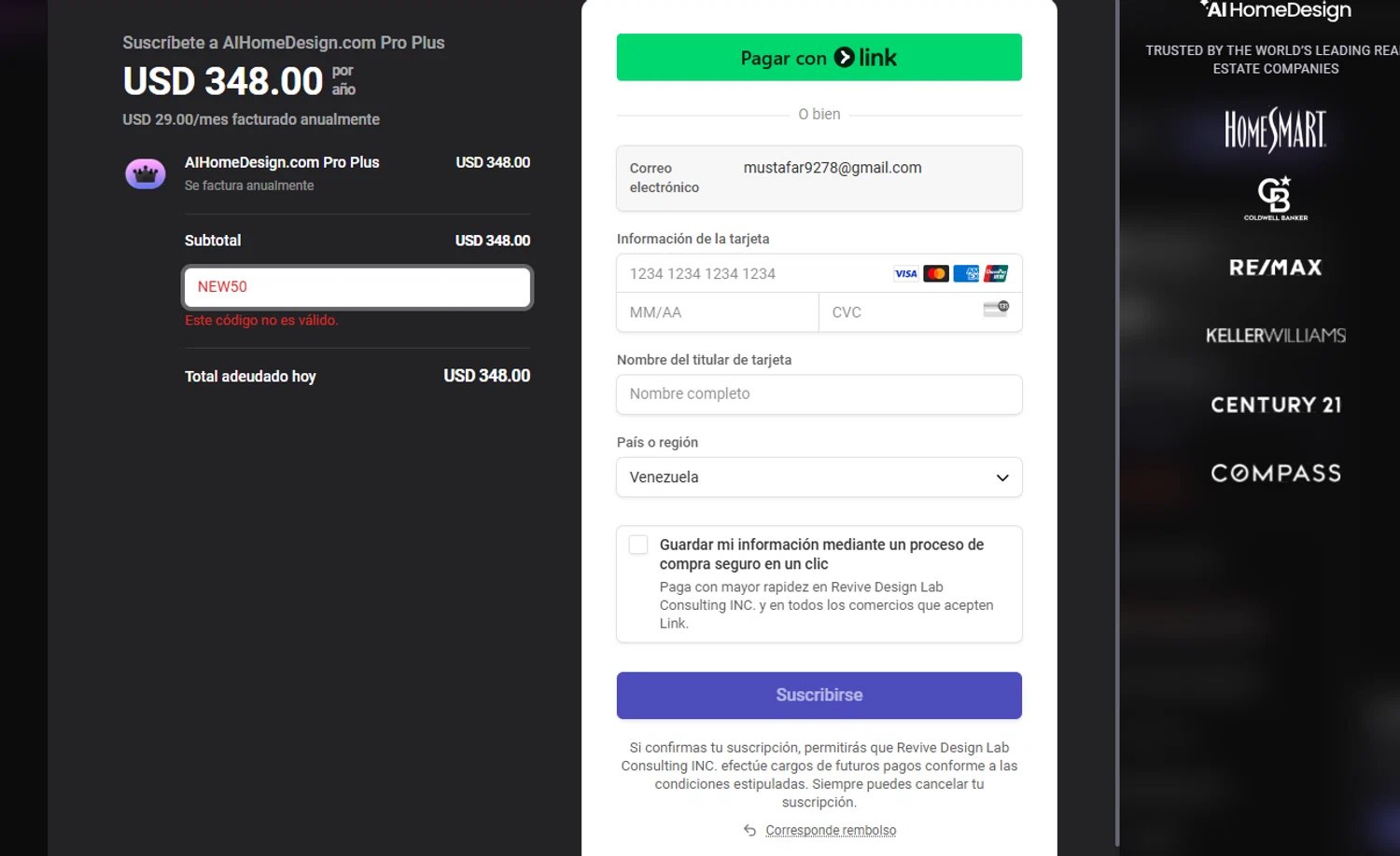 AI HomeDesign promo code screenshot showing code NEW50 applied at AI HomeDesign checkout page. Uploaded by SimplyCodes community member D_9278 on Apr 29, 2025