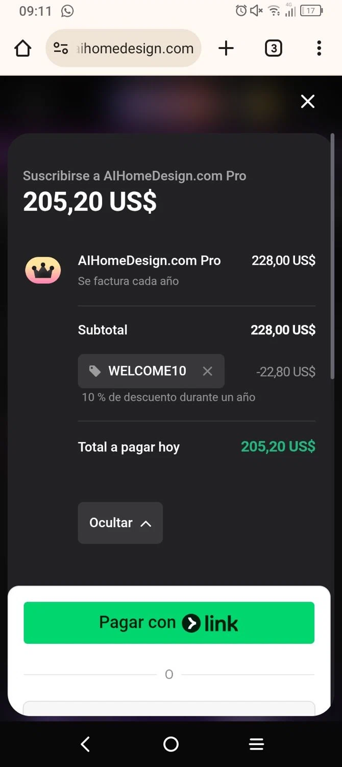 AI HomeDesign promo code screenshot showing code WELCOME10 applied at AI HomeDesign checkout page. Uploaded by SimplyCodes community member mrdarcy on May 18, 2025