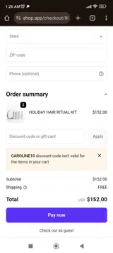 CAROLINE10 coupon verification screenshot