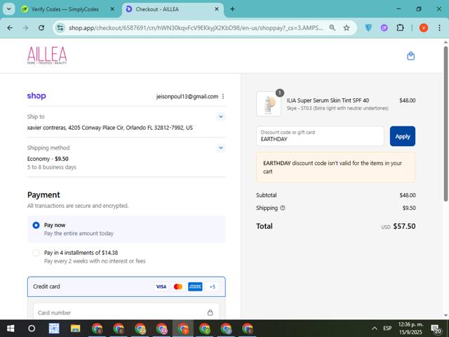 Aillea checkout page showing Aillea discount code box | Screenshot taken by SimplyCodes community member on Sep 15, 2025