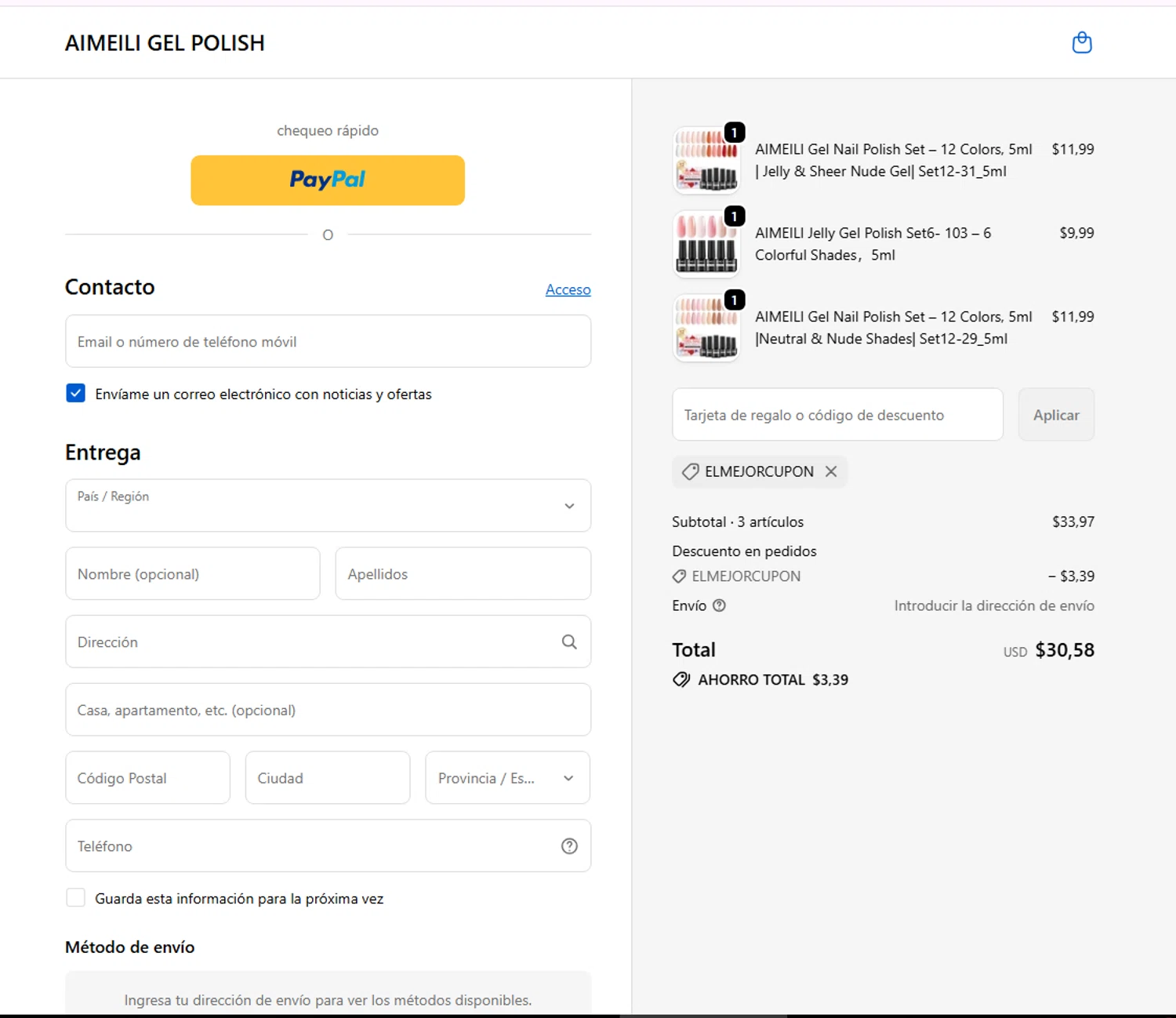 AIMEILI GEL POLISH checkout page showing AIMEILI GEL POLISH promo code box | Screenshot taken by SimplyCodes community member on Feb 21, 2026