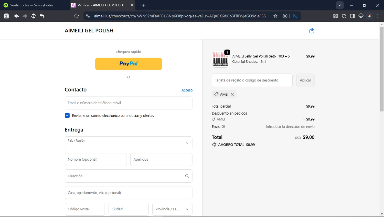 AIMEILI GEL POLISH checkout page showing AIMEILI GEL POLISH promo code box | Screenshot taken by SimplyCodes community member on Feb 21, 2026