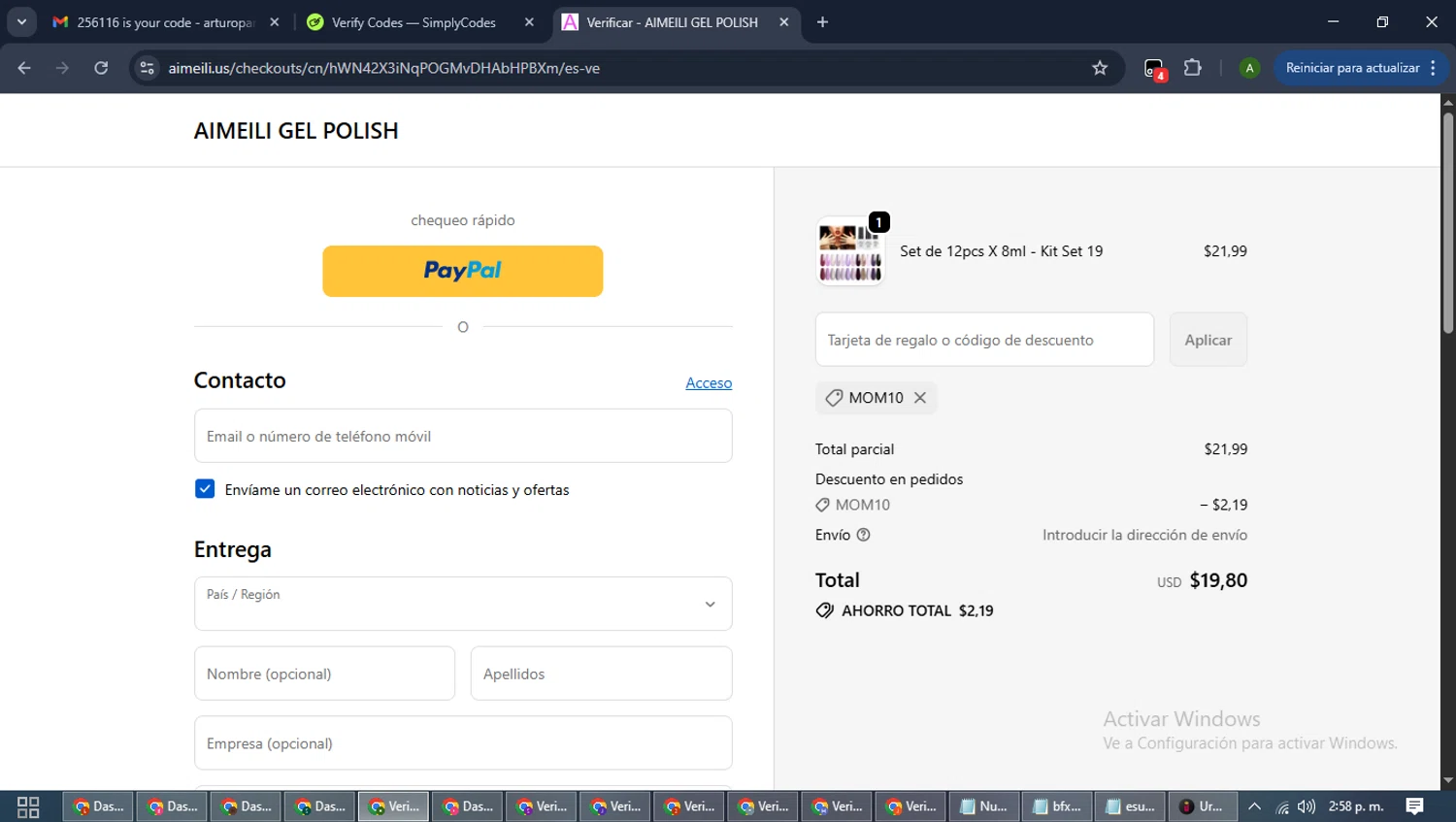 AIMEILI GEL POLISH promo code screenshot showing code mom10 applied at AIMEILI GEL POLISH checkout page. Uploaded by SimplyCodes community member CashLynx5338 on Oct 12, 2025