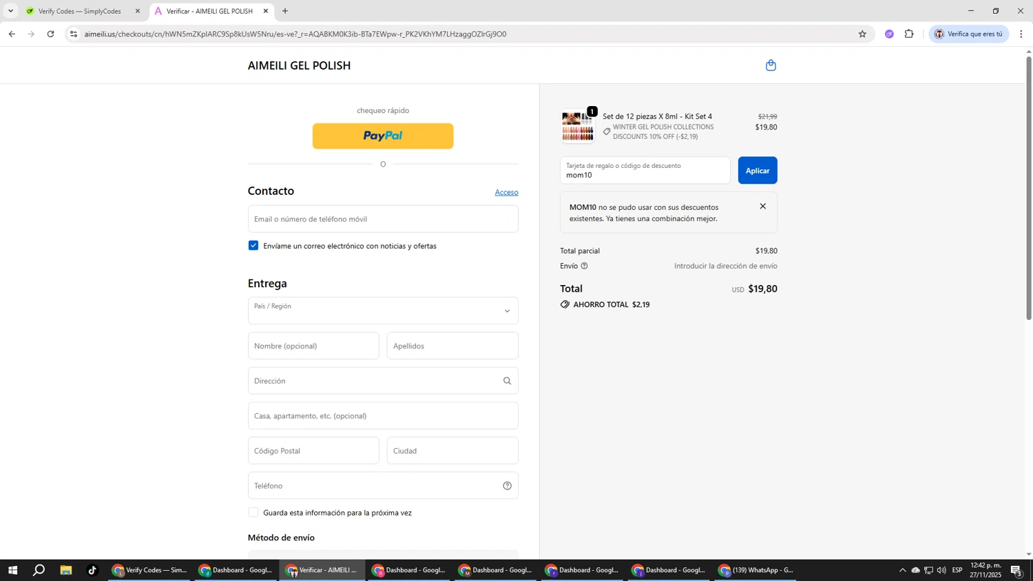 AIMEILI GEL POLISH promo code screenshot showing code mom10 applied at AIMEILI GEL POLISH checkout page. Uploaded by SimplyCodes community member Salometta on Nov 27, 2025