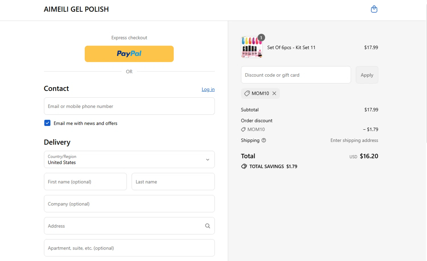 AIMEILI GEL POLISH promo code screenshot showing code mom10 applied at AIMEILI GEL POLISH checkout page. Uploaded by SimplyCodes community member WonderSaver8569 on Aug 28, 2025