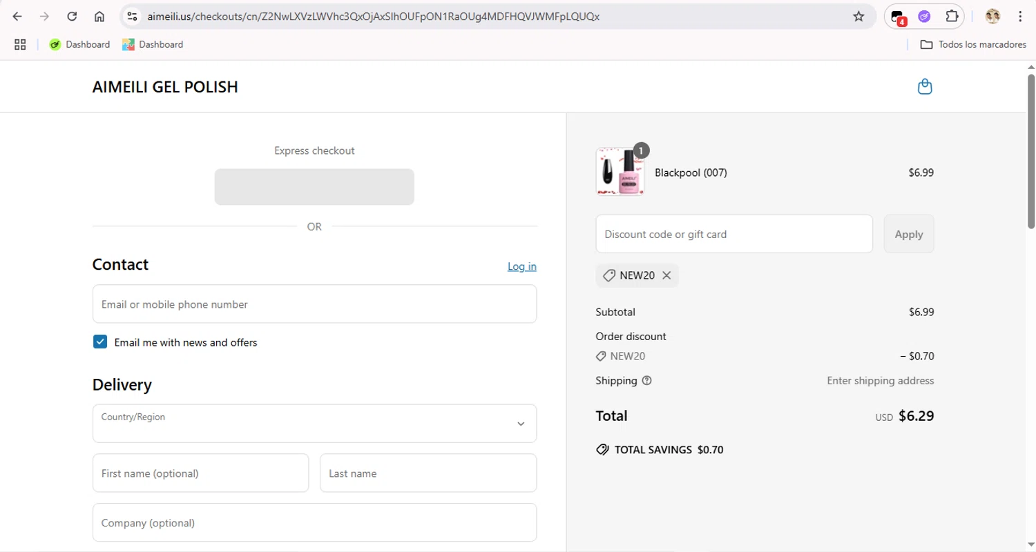 AIMEILI GEL POLISH promo code screenshot showing code NEW20 applied at AIMEILI GEL POLISH checkout page. Uploaded by SimplyCodes community member FrugalFox6593 on Jun 13, 2025