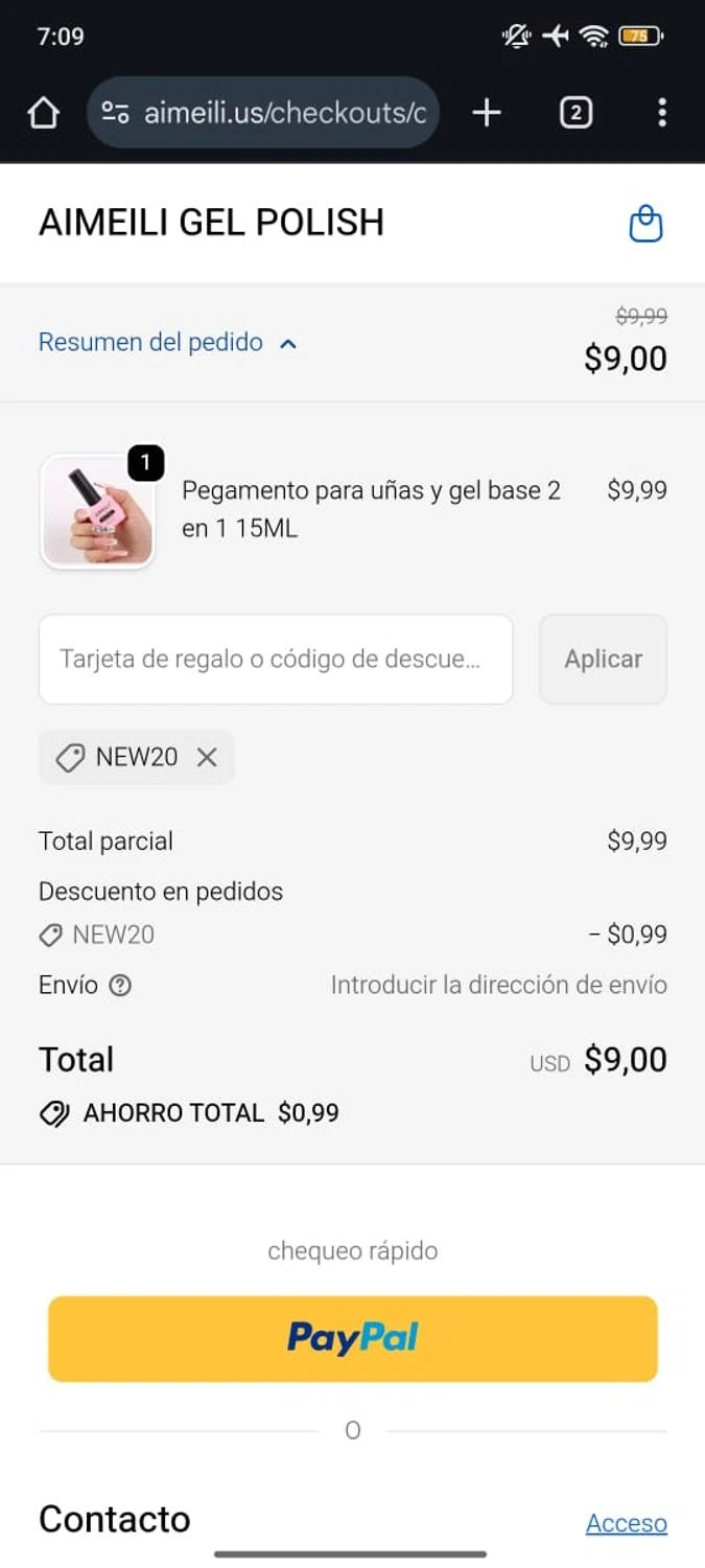 AIMEILI GEL POLISH promo code screenshot showing code NEW20 applied at AIMEILI GEL POLISH checkout page. Uploaded by SimplyCodes community member RoyalSpotter5217 on Dec 26, 2025
