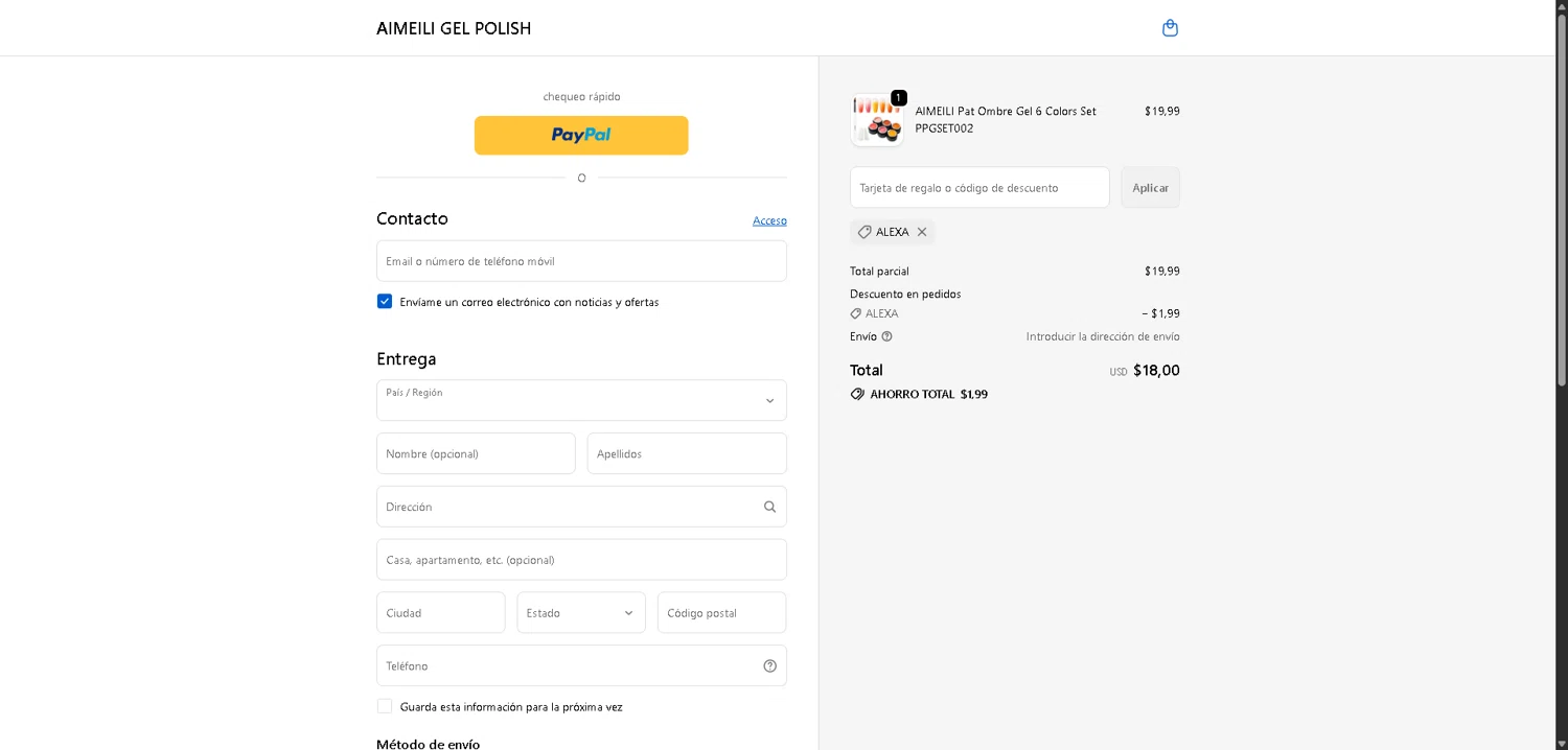AIMEILI GEL POLISH promo code screenshot showing code ALEXA applied at AIMEILI GEL POLISH checkout page. Uploaded by SimplyCodes community member ExtraordinaryMaven3628 on Dec 4, 2025