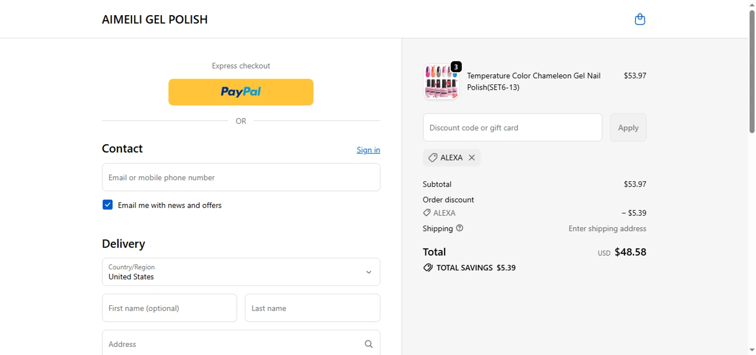 AIMEILI GEL POLISH promo code screenshot showing code ALEXA applied at AIMEILI GEL POLISH checkout page. Uploaded by SimplyCodes community member BrilliantTracker4309 on Dec 4, 2025