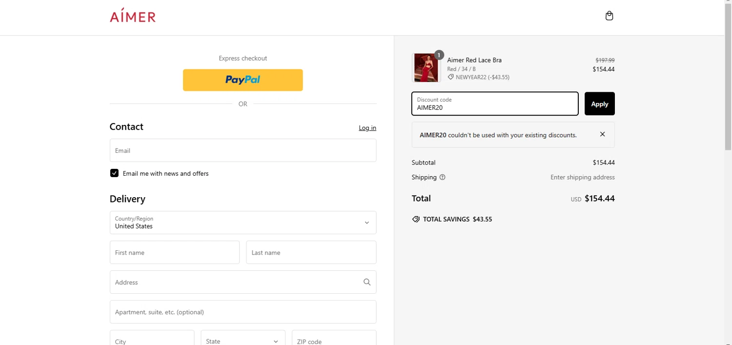 Aimer coupon code screenshot showing code AIMER20 applied at Aimer checkout page. Uploaded by SimplyCodes community member DealScholar8876 on Dec 31, 2024