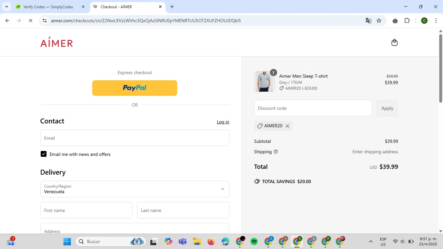 Aimer coupon code screenshot showing code AIMER20 applied at Aimer checkout page. Uploaded by SimplyCodes community member VoucherBoss6971 on Apr 26, 2025