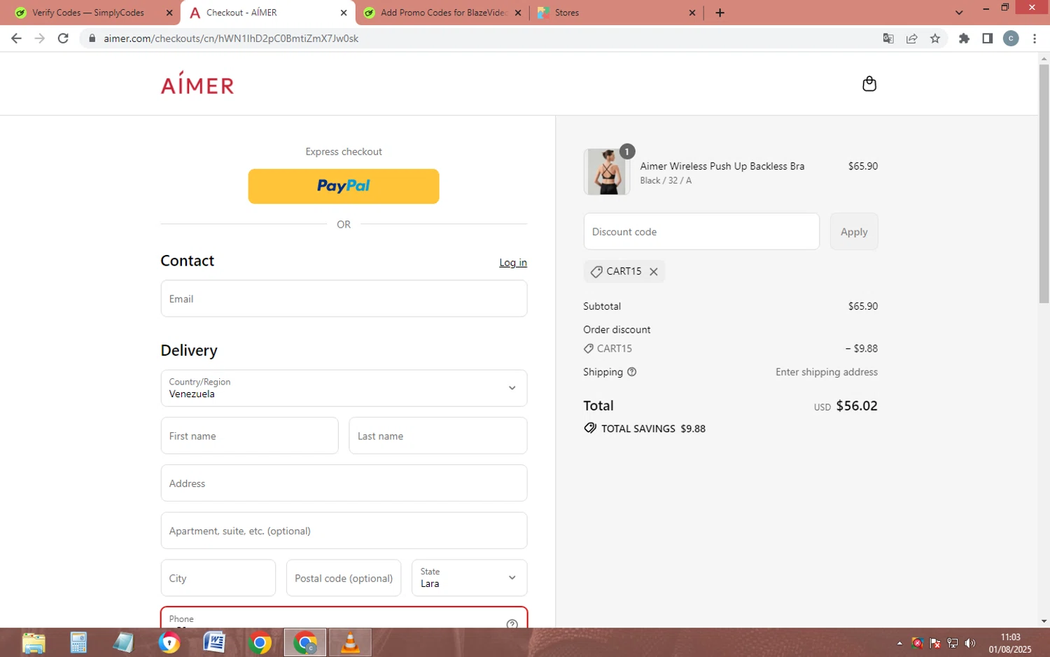 Aimer coupon code screenshot showing code CART15 applied at Aimer checkout page. Uploaded by SimplyCodes community member Olivatle37 on Aug 1, 2025