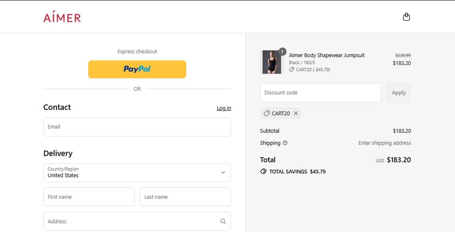 Aimer coupon code screenshot showing code CART20 applied at Aimer checkout page. Uploaded by SimplyCodes community member Jhonny on Aug 1, 2025