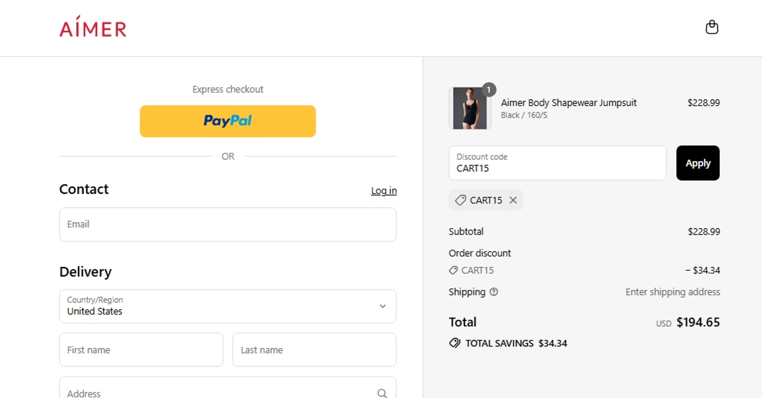 Aimer coupon code screenshot showing code CART15 applied at Aimer checkout page. Uploaded by SimplyCodes community member Jhonny on Aug 1, 2025