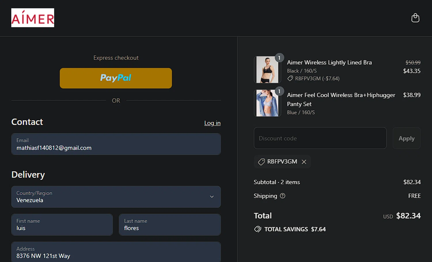 Aimer coupon code screenshot showing code RBFPV3GM applied at Aimer checkout page. Uploaded by SimplyCodes community member Rambo12 on Aug 26, 2025