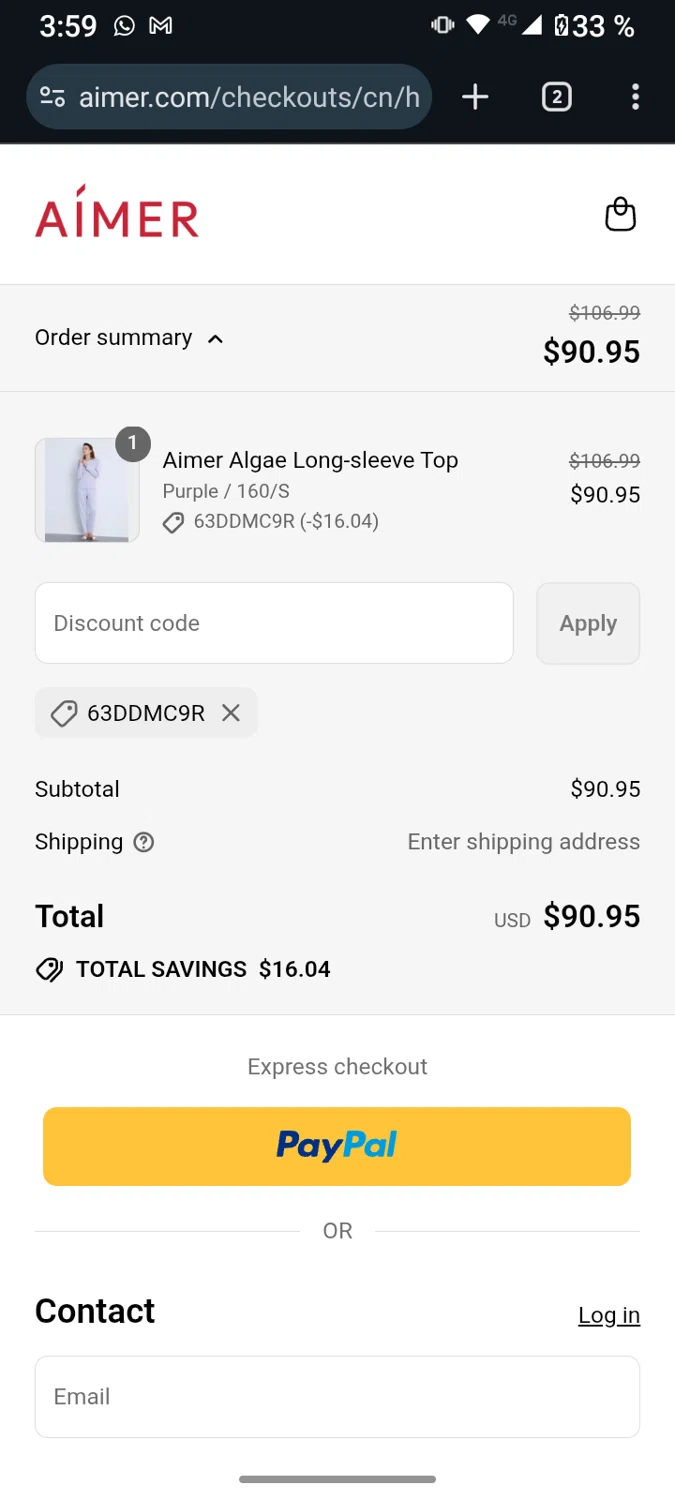 Aimer coupon code screenshot showing code 63DDMC9R applied at Aimer checkout page. Uploaded by SimplyCodes community member marthairiarte on Aug 26, 2025