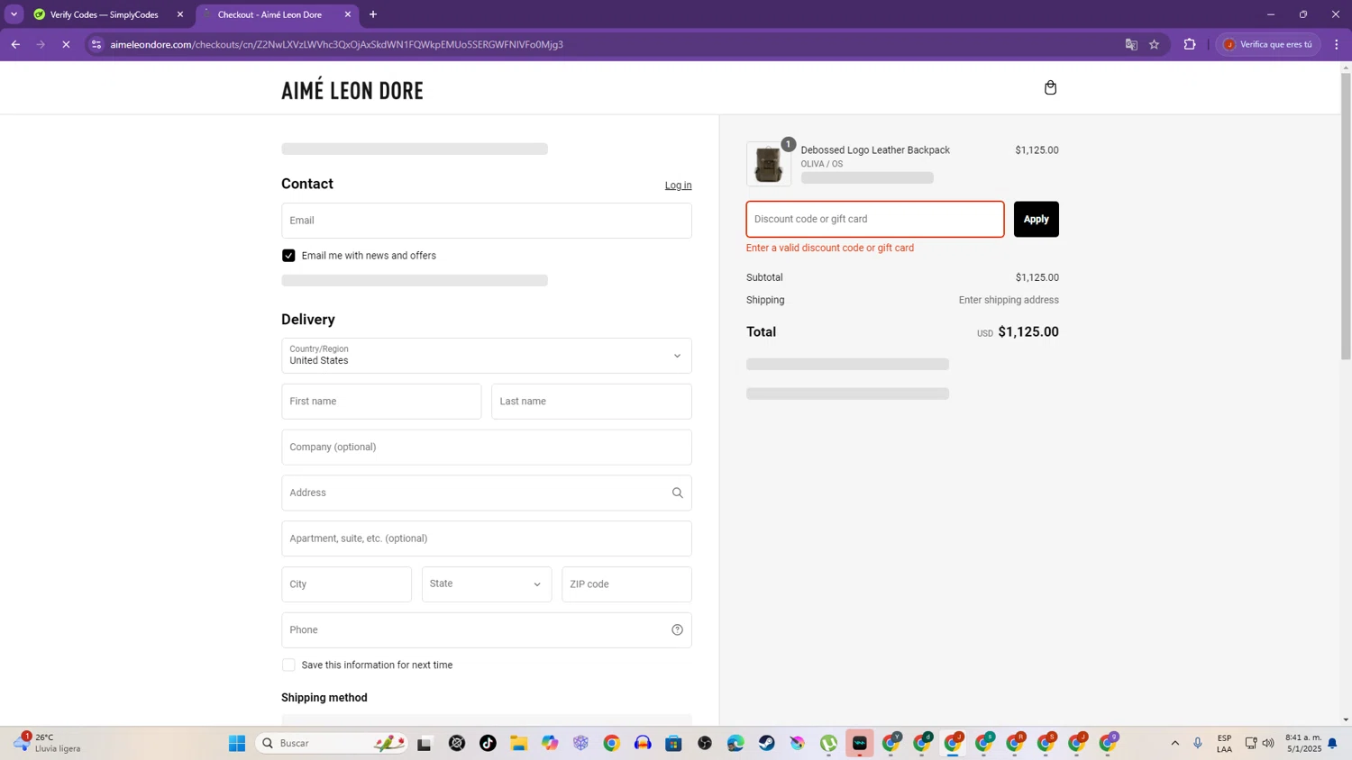 Aimé Leon Dore promo code screenshot showing code QUEENS applied at Aimé Leon Dore checkout page. Uploaded by SimplyCodes community member SalvadorC on Jan 5, 2025