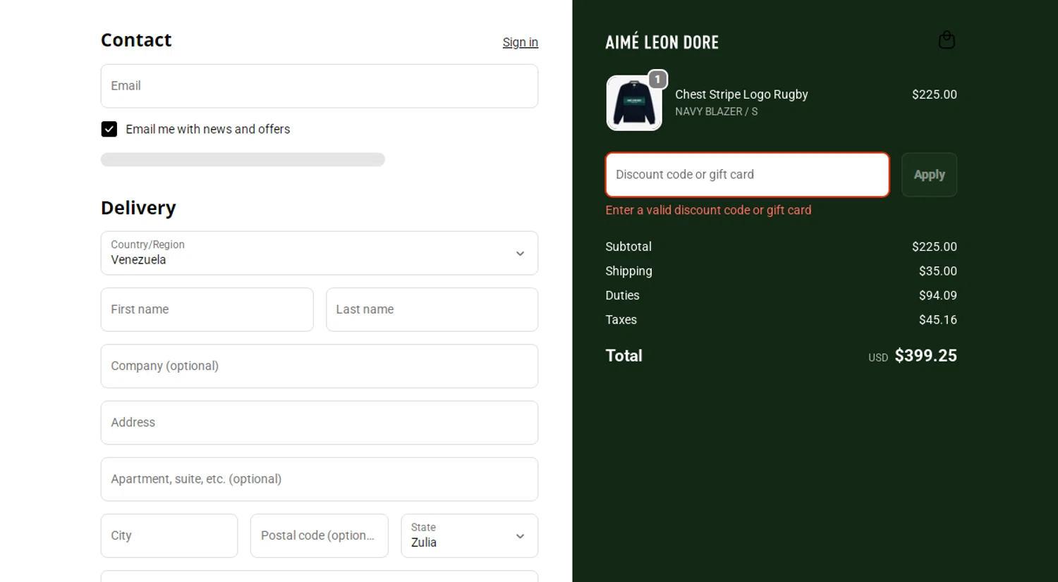 Aimé Leon Dore promo code screenshot showing code EKZDR5YKCA79 applied at Aimé Leon Dore checkout page. Uploaded by SimplyCodes community member Josecaste on Feb 19, 2026