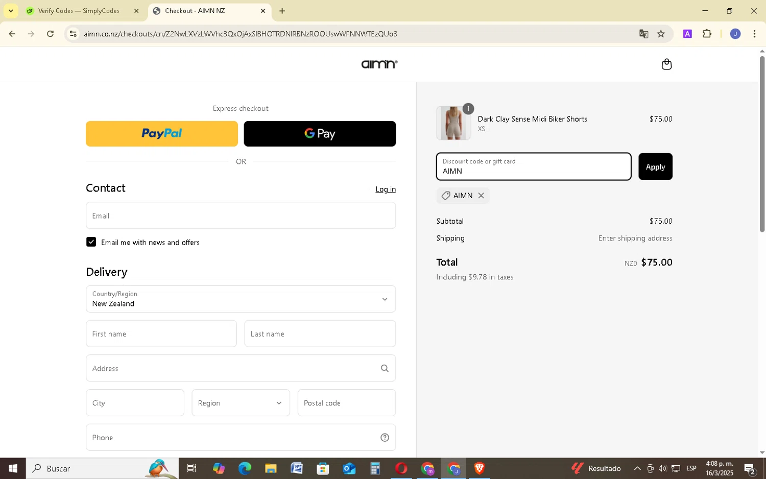 AIM'N NZ promo code screenshot showing code AIMN applied at AIM'N NZ checkout page. Uploaded by SimplyCodes community member EpicSage3474 on Mar 16, 2025