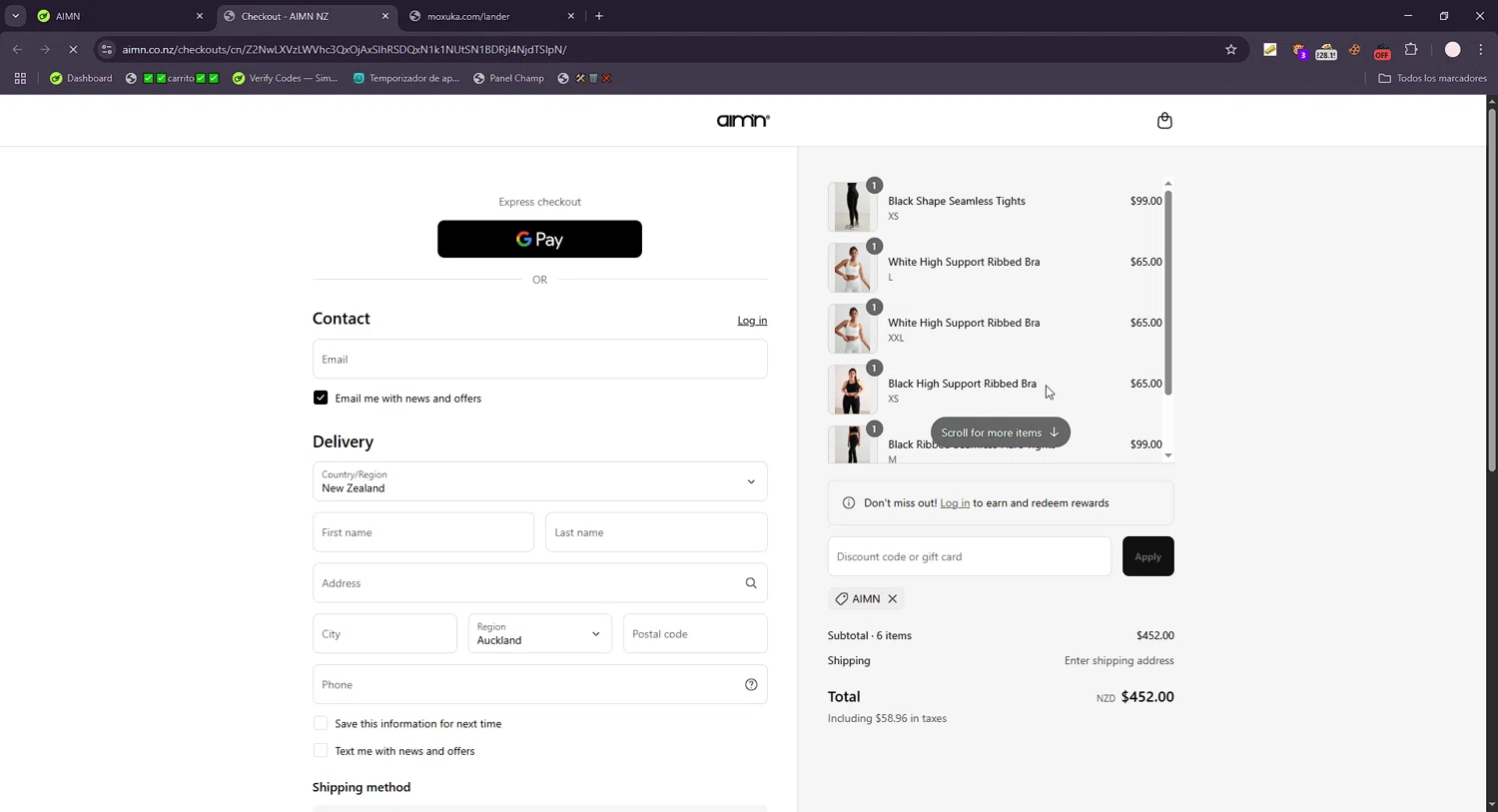 AIM'N NZ promo code screenshot showing code AIMN applied at AIM'N NZ checkout page. Uploaded by SimplyCodes community member connyshan2154 on Jun 14, 2025
