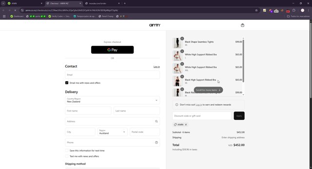 AIM'N NZ checkout page showing AIM'N NZ promo code box | Screenshot taken by SimplyCodes community member on Jun 14, 2025