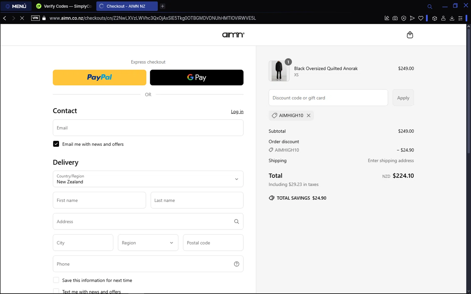 AIM'N NZ promo code screenshot showing code AIMHIGH10 applied at AIM'N NZ checkout page. Uploaded by SimplyCodes community member Matrixx on Mar 26, 2025