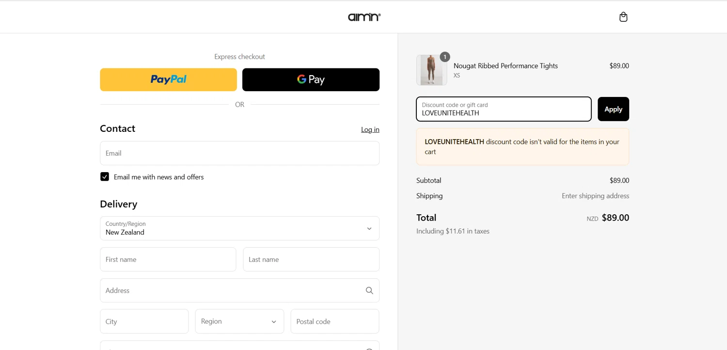 AIM'N NZ promo code screenshot showing code LOVEUNITEHEALTH applied at AIM'N NZ checkout page. Uploaded by SimplyCodes community member Ladybug on Mar 8, 2025