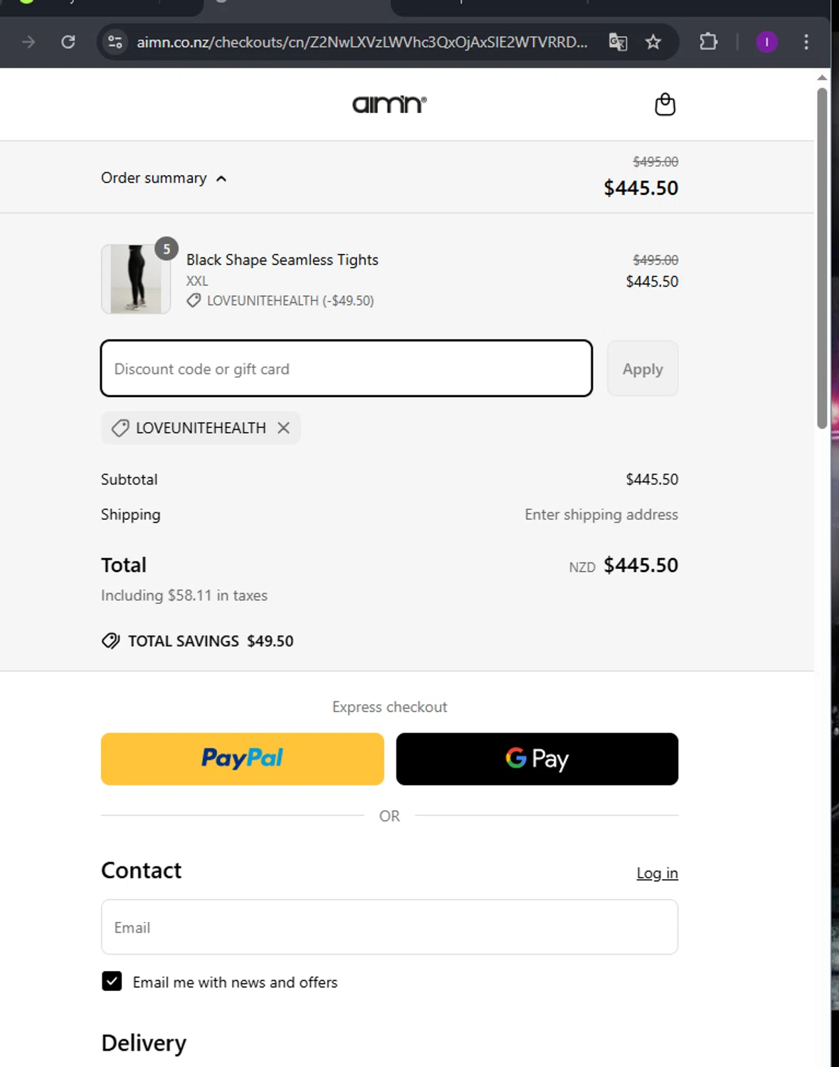 AIM'N NZ promo code screenshot showing code LOVEUNITEHEALTH applied at AIM'N NZ checkout page. Uploaded by SimplyCodes community member arimakouse on Mar 25, 2025
