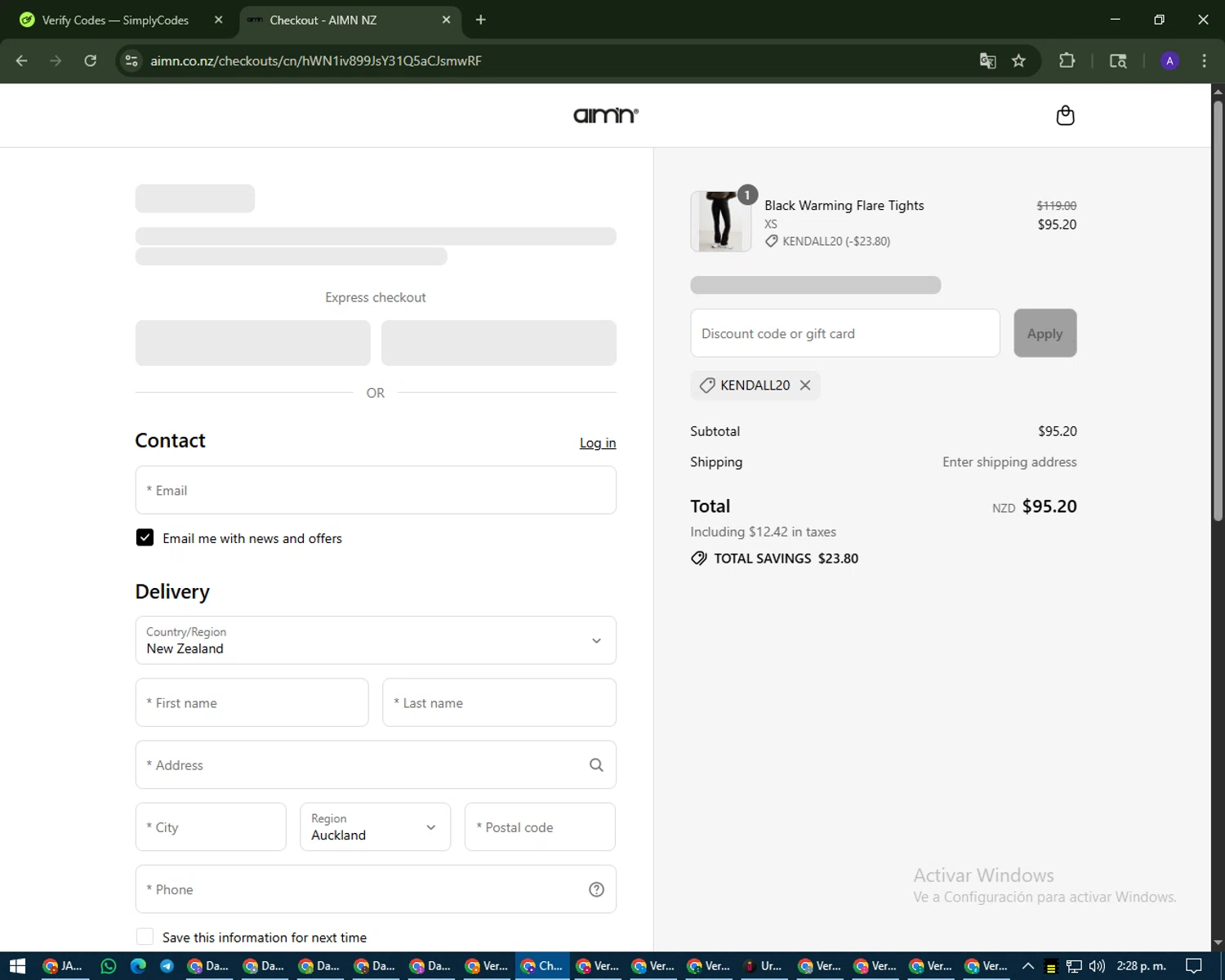 AIM'N NZ promo code screenshot showing code kendall20 applied at AIM'N NZ checkout page. Uploaded by SimplyCodes community member MagnificentWarden4603 on Aug 12, 2025