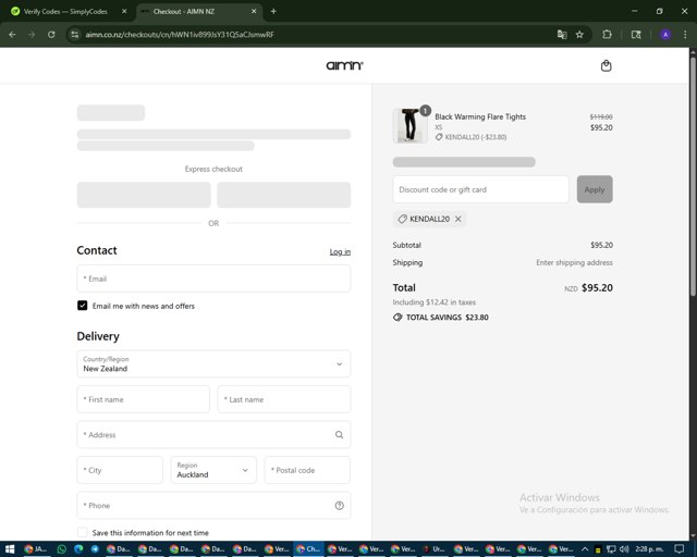 AIM'N NZ checkout page showing AIM'N NZ promo code box | Screenshot taken by SimplyCodes community member on Aug 12, 2025
