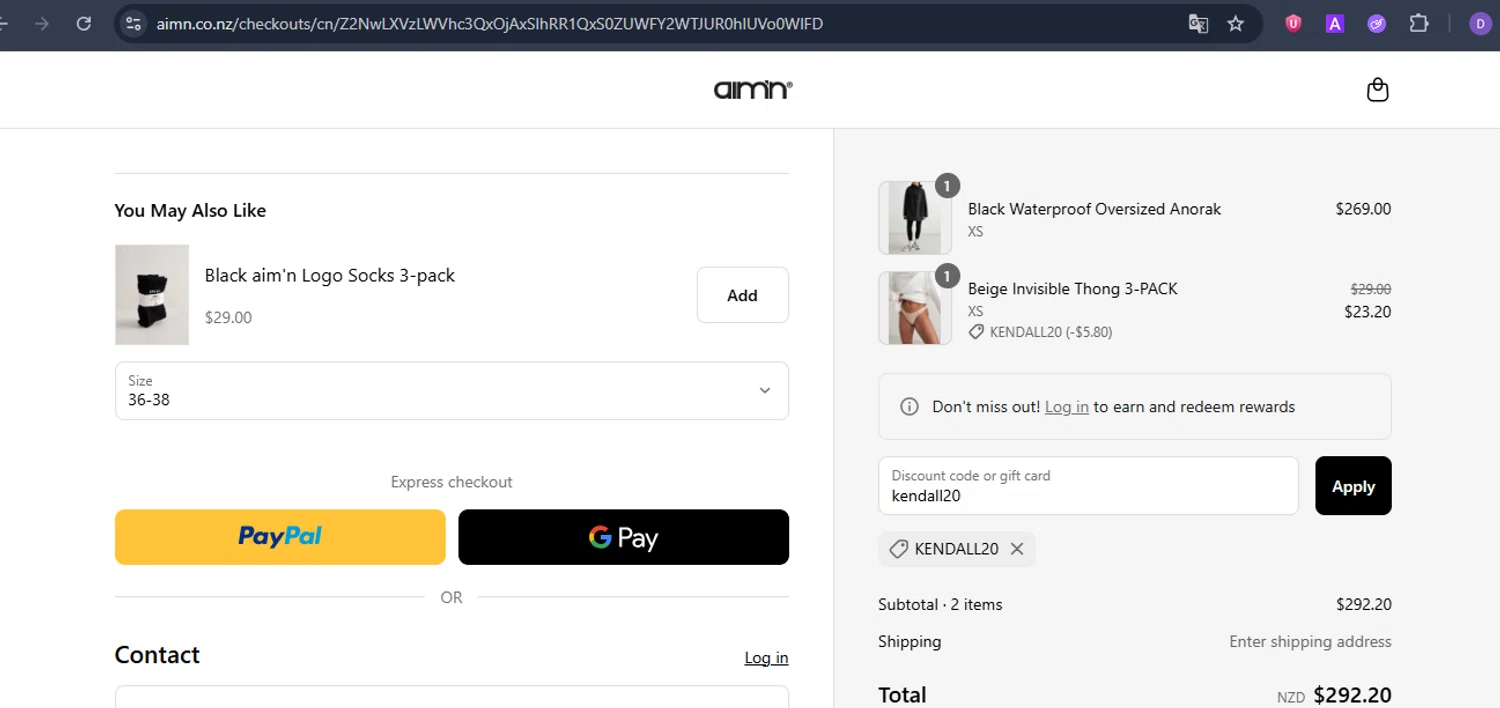 AIM'N NZ promo code screenshot showing code kendall20 applied at AIM'N NZ checkout page. Uploaded by SimplyCodes community member ShieldCurator2100 on Jun 14, 2025
