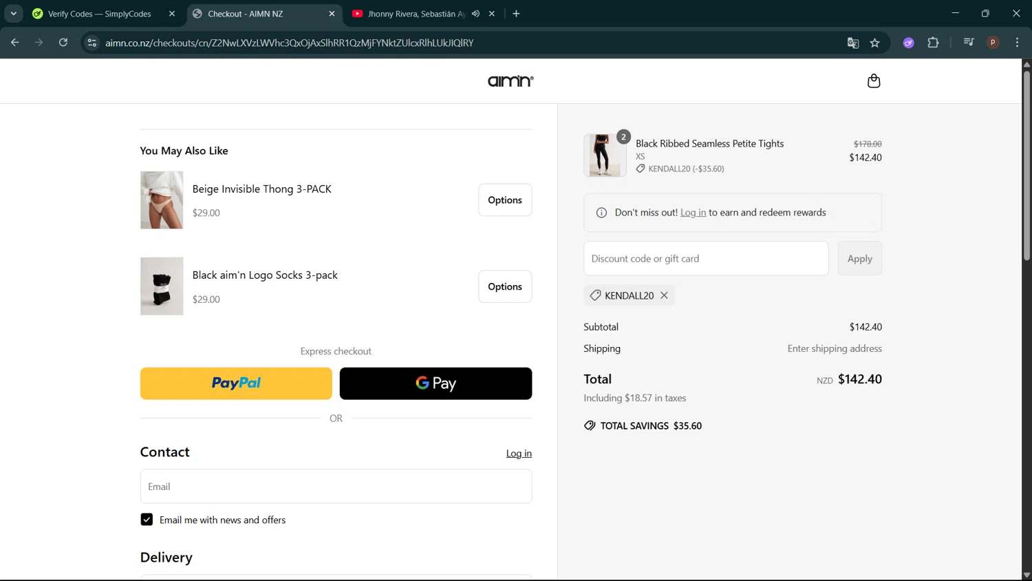 AIM'N NZ promo code screenshot showing code kendall20 applied at AIM'N NZ checkout page. Uploaded by SimplyCodes community member ShrewdPro2243 on Jun 14, 2025