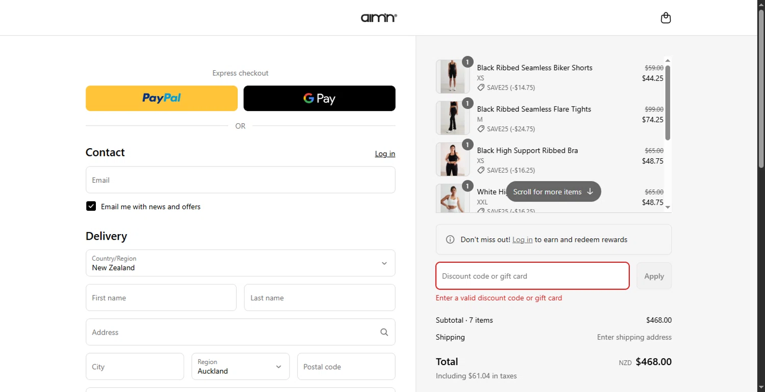 AIM'N NZ promo code screenshot showing code SAVE25 applied at AIM'N NZ checkout page. Uploaded by SimplyCodes community member CodeTitan6120 on Jun 1, 2025