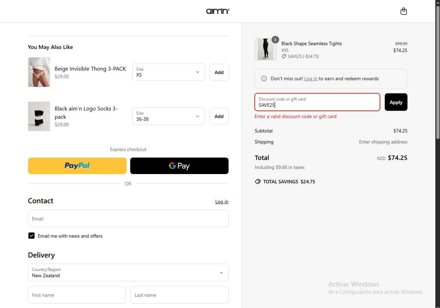 AIM'N NZ promo code screenshot showing code SAVE25 applied at AIM'N NZ checkout page. Uploaded by SimplyCodes community member MagnificentTitan8616 on Jun 1, 2025