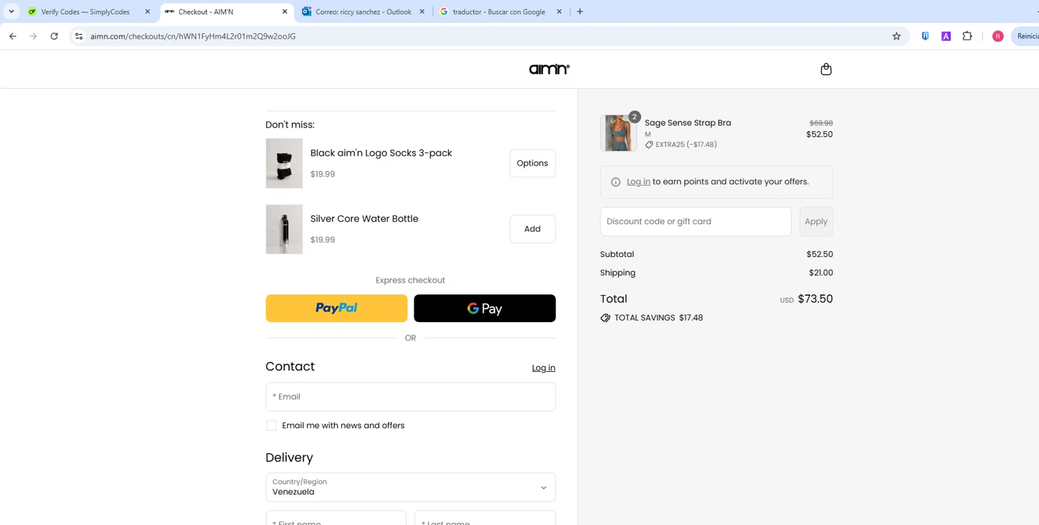 AIM'N NZ promo code screenshot showing code EXTRA25 applied at AIM'N NZ checkout page. Uploaded by SimplyCodes community member ShieldWarden5142 on Jul 31, 2025
