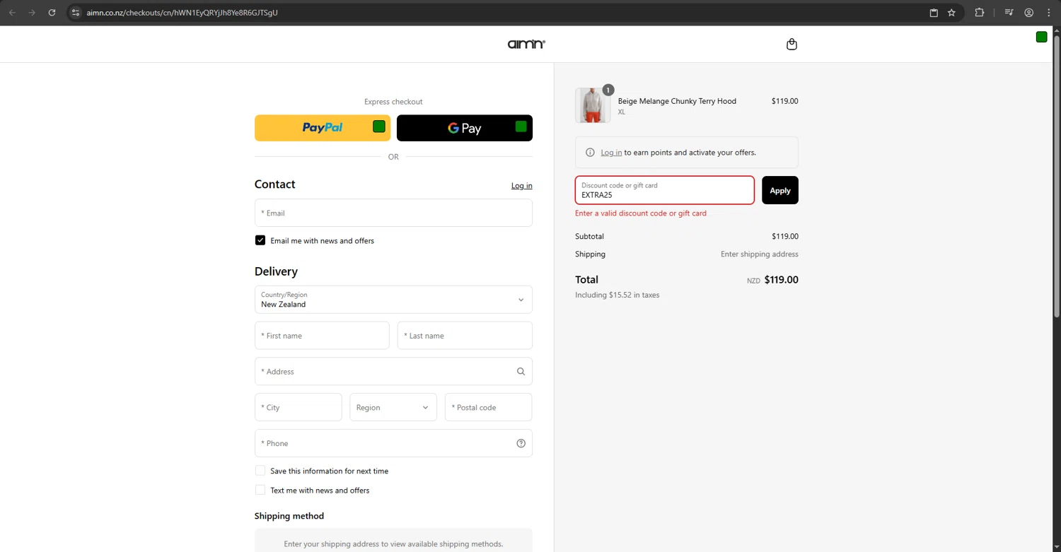 AIM'N NZ promo code screenshot showing code EXTRA25 applied at AIM'N NZ checkout page. Uploaded by SimplyCodes community member luffyreturn on Jul 31, 2025