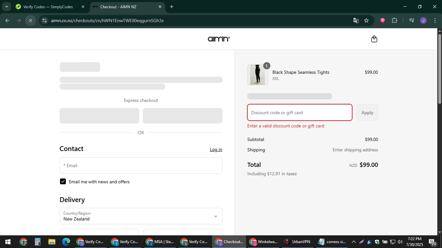 AIM'N NZ promo code screenshot showing code EXTRA25 applied at AIM'N NZ checkout page. Uploaded by SimplyCodes community member sniderjack453 on Jul 30, 2025