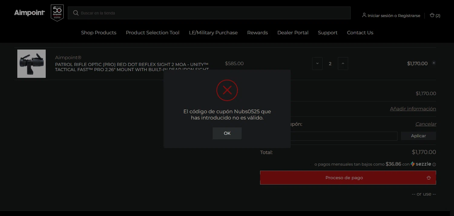 Aimpoint coupon code screenshot showing code NUBS0525 applied at Aimpoint checkout page. Uploaded by SimplyCodes community member Nor_man on Jun 6, 2025
